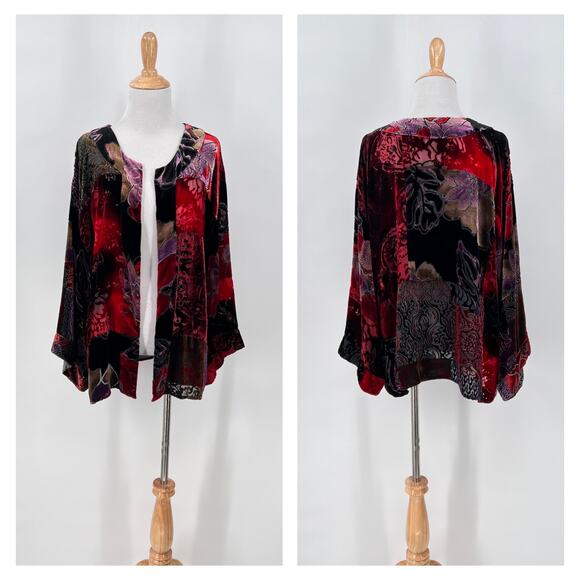 CHICOS Velvet Burnout Patchwork Floral Jacket Womens XL Black Red Kimono - Picture 1 of 10